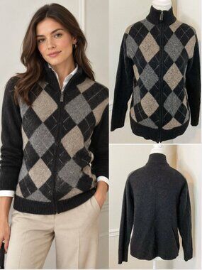 Mantles Wool Cashmere Front Zip Argyle Sweater Small
